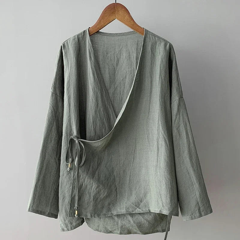 Women's Bohemian Cotton Linen Lace - Up Shirt | Hippie Long Sleeve Casual Blouse | Solid Colour V - Neck Top S–3XL