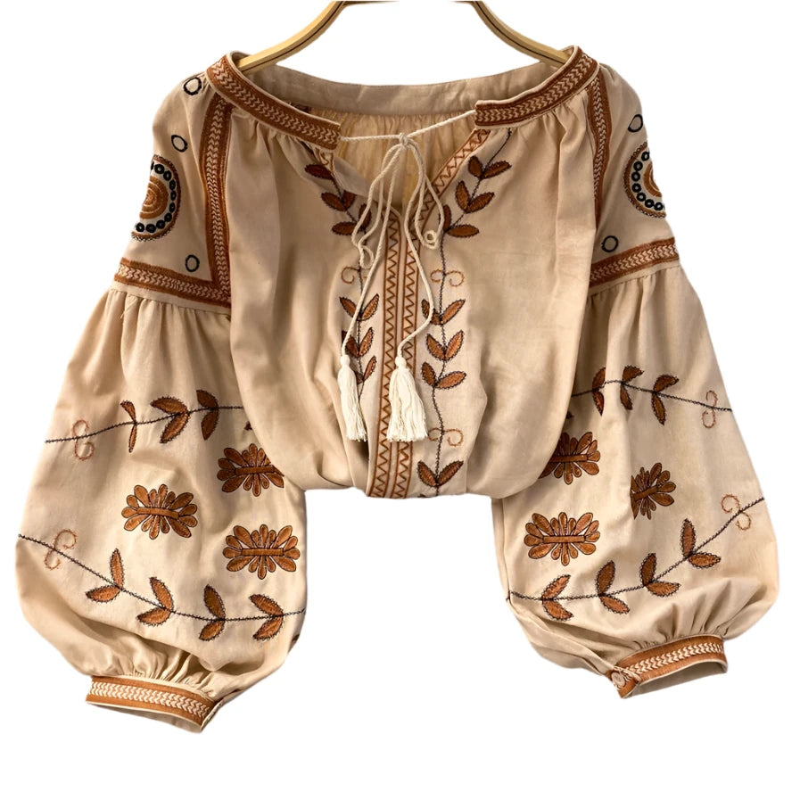 Women's Bohemian Long Sleeve Blouse | Cotton With Embroidery | One Size