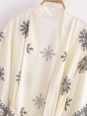 Bohemian White Floral Kimono Cover-Up | Cotton Rayon Batwing Sleeve Beach Robe | Wedding & Vacation Wrap | S–XL