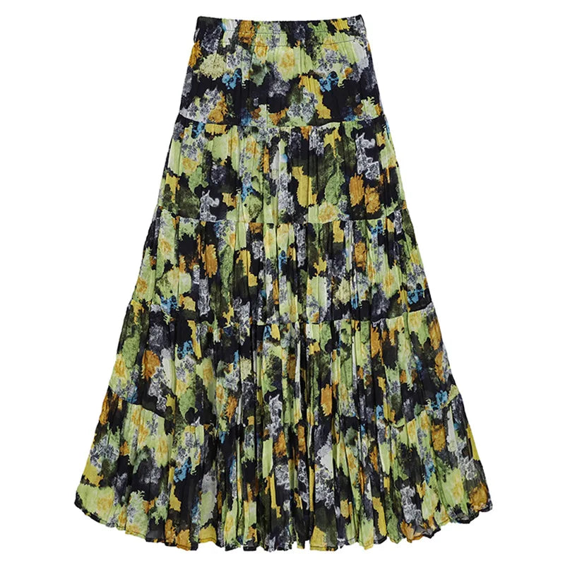 Bohemian Hippie Floral Maxi Skirt | Pleated A-Line Layered Elastic Waist | 4 Colour Options | One Size