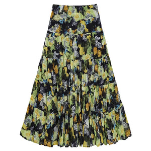 Bohemian Hippie Floral Maxi Skirt | Pleated A-Line Layered Elastic Waist | 4 Colour Options | One Size