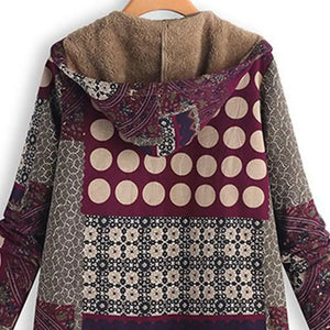 Women's Vintage Hooded Hippie Winter Coat | Unique Printed Zip-Up Jacket | Warm Loose Fit | M–3XL | Black, Blue, Green, Red