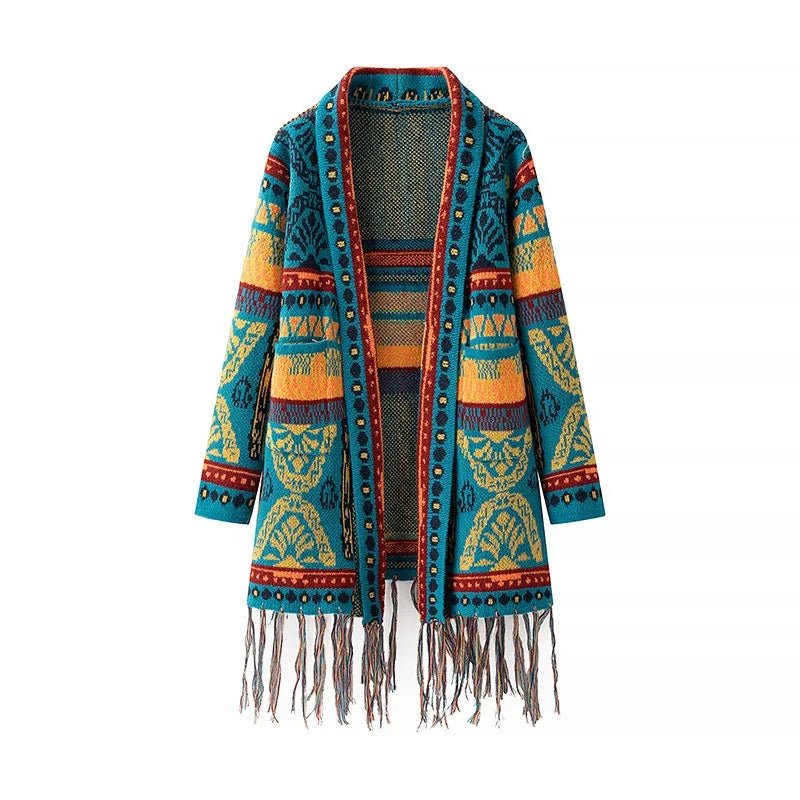 Bohemian Tassel Knit Kimono Cardigan | Indie Folk Hippie Style | Open Front Mid - Length Shawl