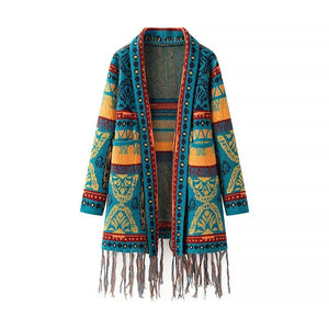 Bohemian Tassel Knit Kimono Cardigan | Indie Folk Hippie Style | Open Front Mid - Length Shawl