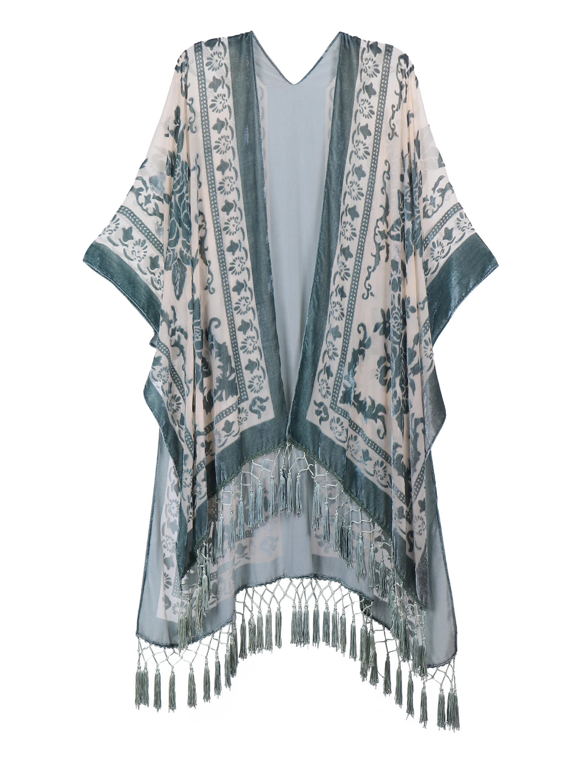 Bohemian Burnt Plush Velvet Kimono | Women's Long Floral Beach Cover - Up with Tassels | One Size | Various Colourstop
