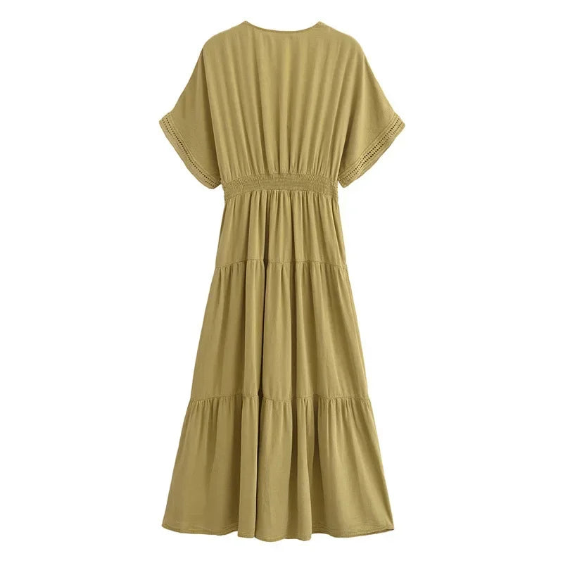 Bohemian Hippie Matcha Dress | V-Neck Cotton Blend A-Line Midi with Lace & Buttons | XS–L