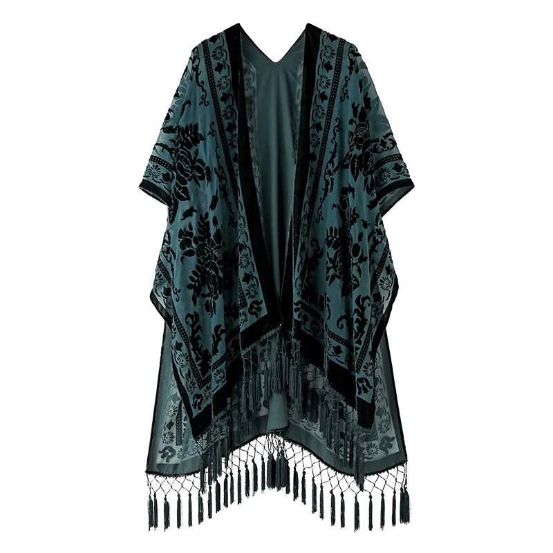 Bohemian Burnt Plush Velvet Kimono | Women's Long Floral Beach Cover - Up with Tassels | One Size | Various Colourstop