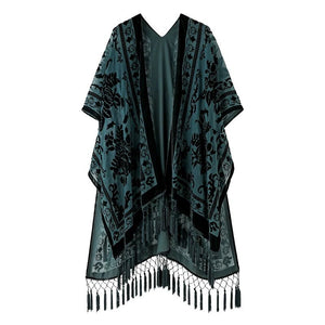 Bohemian Burnt Plush Velvet Kimono | Women's Long Floral Beach Cover - Up with Tassels | One Size | Various Colourstop
