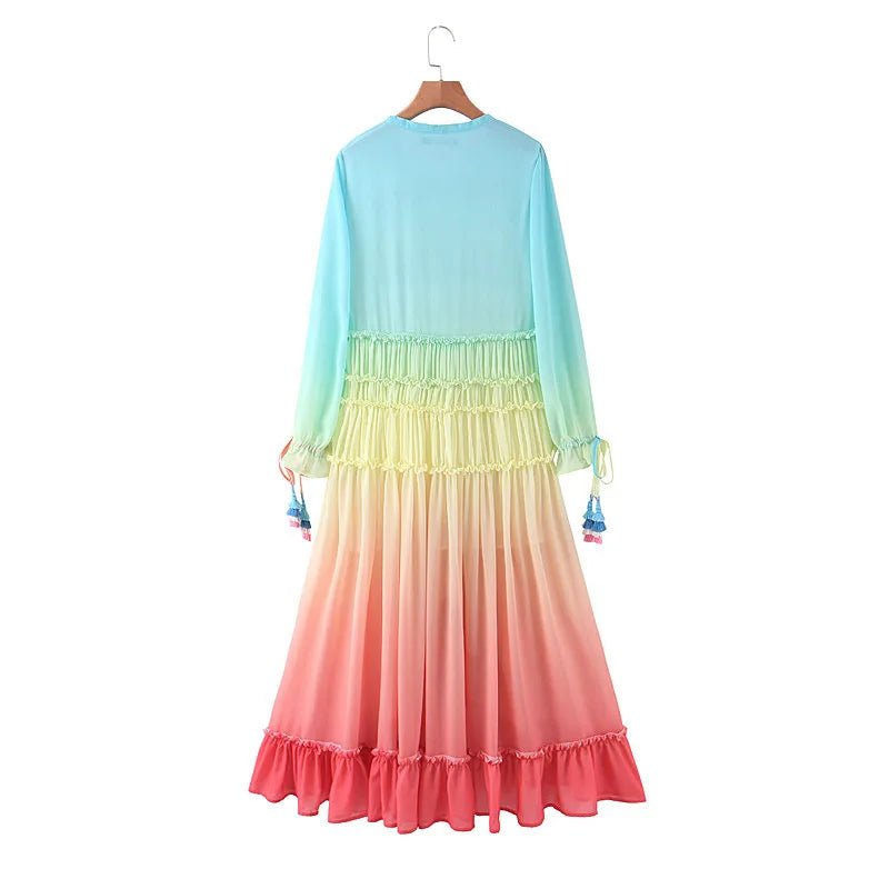 Women's Bohemian Rainbow Maxi Dress | Summer Gradient Patchwork Tiered Chiffon Dress | Elegant Hippie Party Outfit | S–L