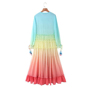 Women's Bohemian Rainbow Maxi Dress | Summer Gradient Patchwork Tiered Chiffon Dress | Elegant Hippie Party Outfit | S–L