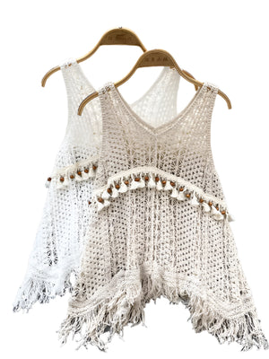Boho Tassel Knit Beach Top | V-Neck Backless Hollow-Out Smock (One Size)