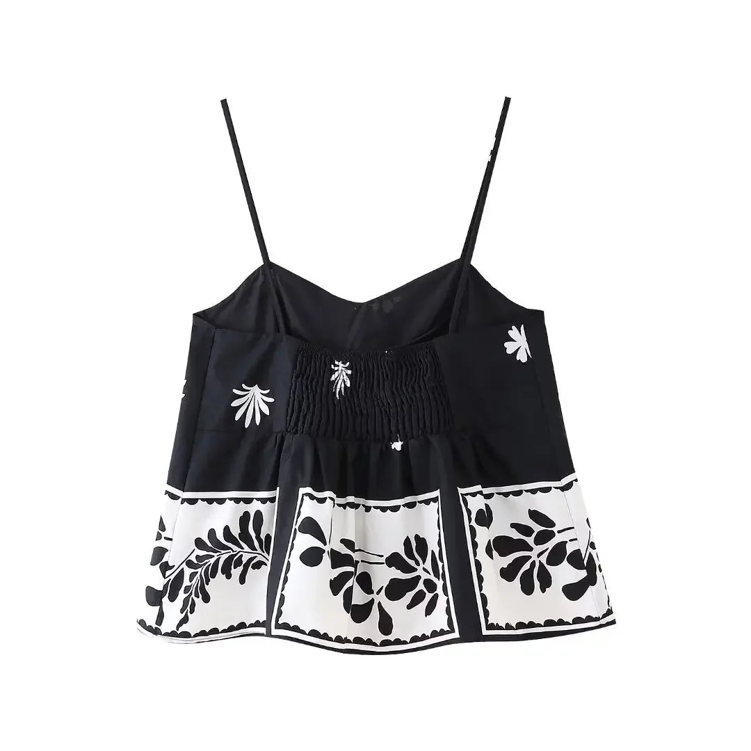 Women's Black And White Floral Spagetti Strapped Crop Top | XS-L