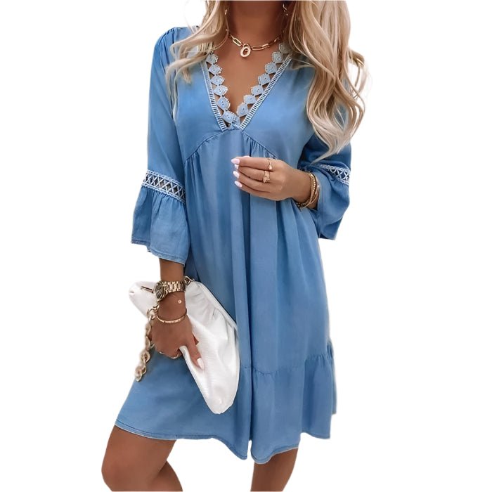 Women's Boho Lace Midi Dress | V - Neck Floral Vacation Dress with Flare Sleeves | Romantic Loose Fit | S–XXL