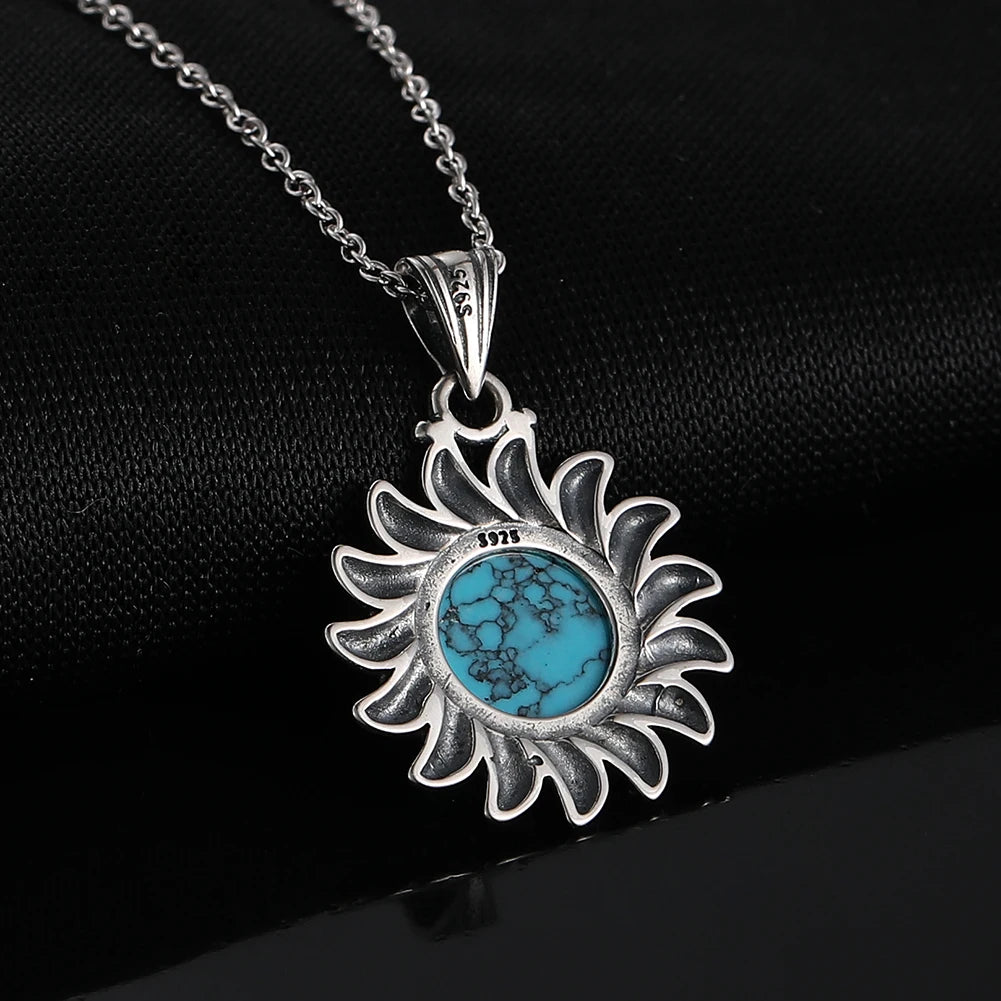 Elegant Bohemian Sun Necklace Pendant With Turquoise Stone | 925 Silver