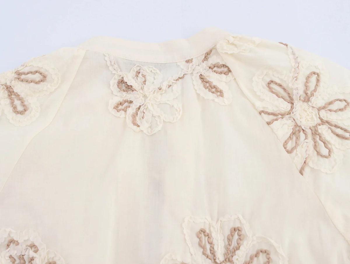 Women's Bohemian Embroidered Mini Dress | Vintage V - Neck Button Down A - Line Dress | Floral Lantern Sleeve | XS–L