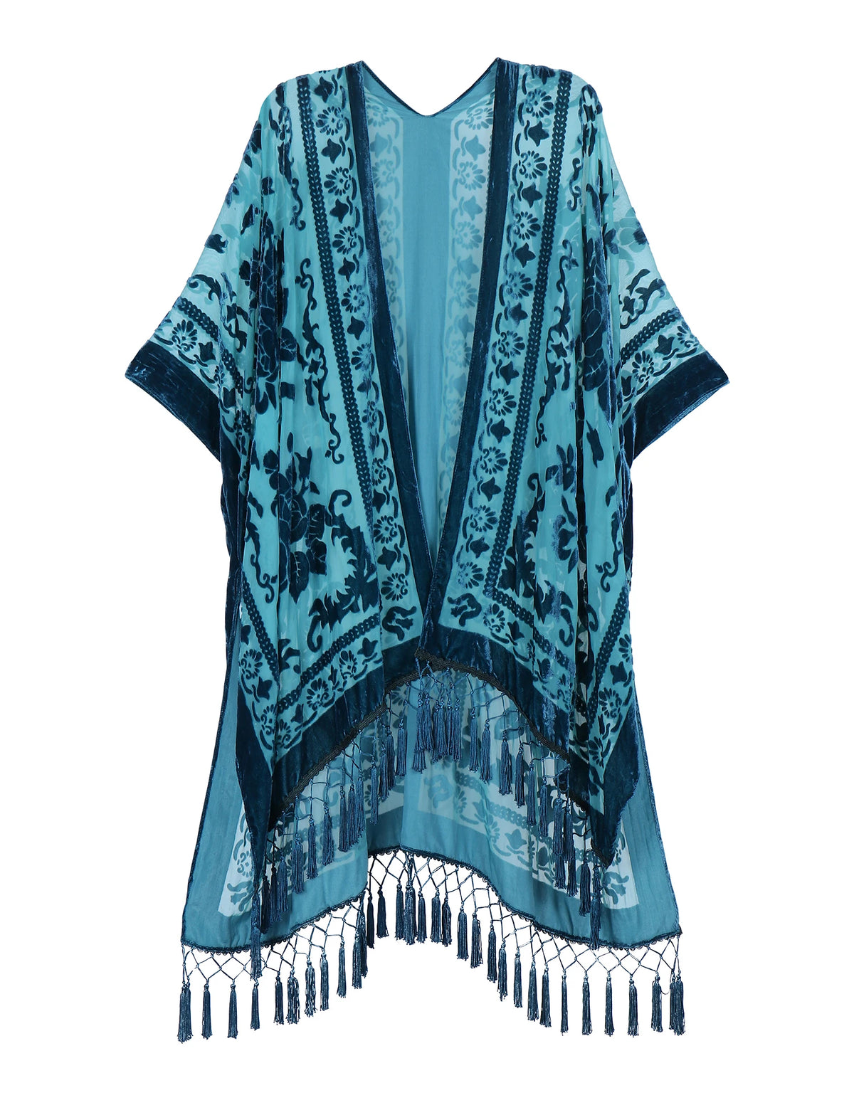 Bohemian Burnt Plush Velvet Kimono | Women's Long Floral Beach Cover - Up with Tassels | One Size | Various Colourstop