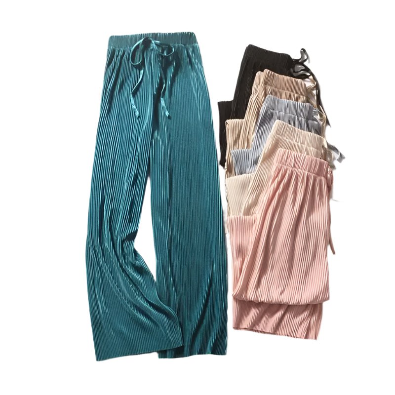Women's Bohemian Wide Leg Ice Silk Pants | Summer Loose Pleated Trousers | Elastic Waist | Casual Hippie Style | One Size