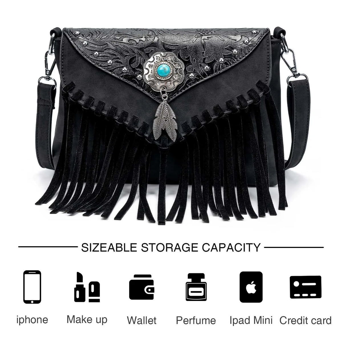 Black Boho Festival Bag With Turquoise Center Stone & Tassels