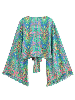 Bohemian Floral Kimono Cover-Up | Short Rayon Ruffle Sleeve Beach Wrap | Red & Aqua Green Prints | S–L