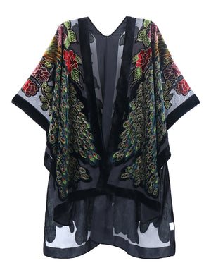 Bohemian Burnt Plush Velvet Kimono | Women's Long Floral Beach Cover - Up with Tassels | One Size | Various Colourstop