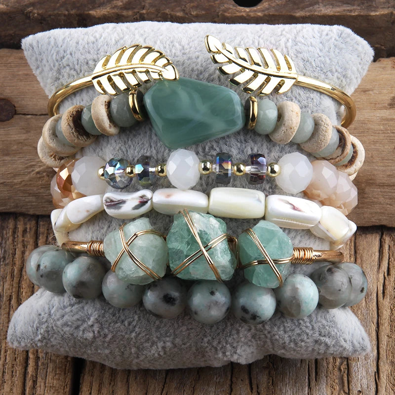 Handmade Blue 5 Stranded Stone Beaded and Crystal Charm Bracelet Bangle