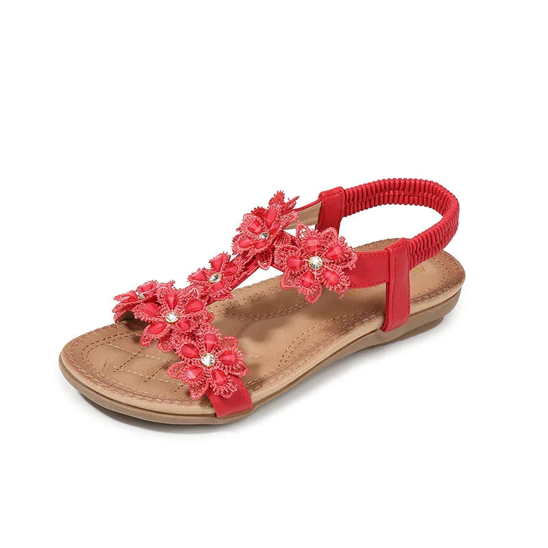 Comfortable Flat Sandals for Women |  Bohemia Flowers Rhinestone Beach Thongs | Available in Red, White, Black, and Blue
