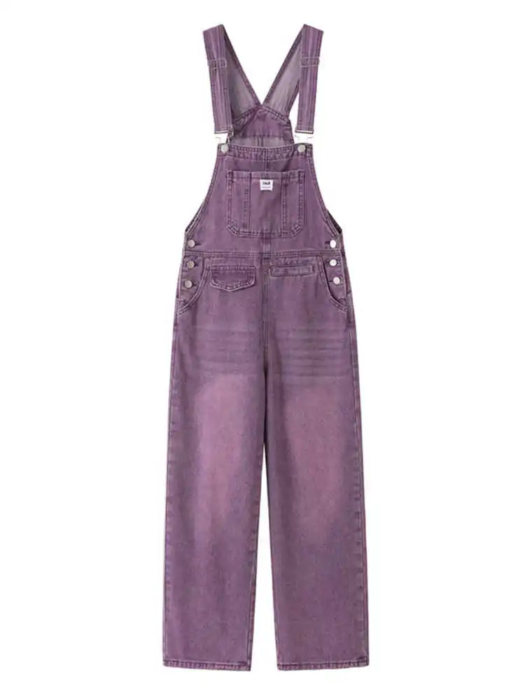 Vintage Purple Denim Overalls | Women’s High Waist Loose Fit Straight Leg Jumpsuit | XS–XL