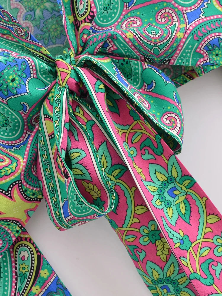 Bohemian Floral Kimono Cover-Up | Short Rayon Ruffle Sleeve Beach Wrap | Red & Aqua Green Prints | S–L