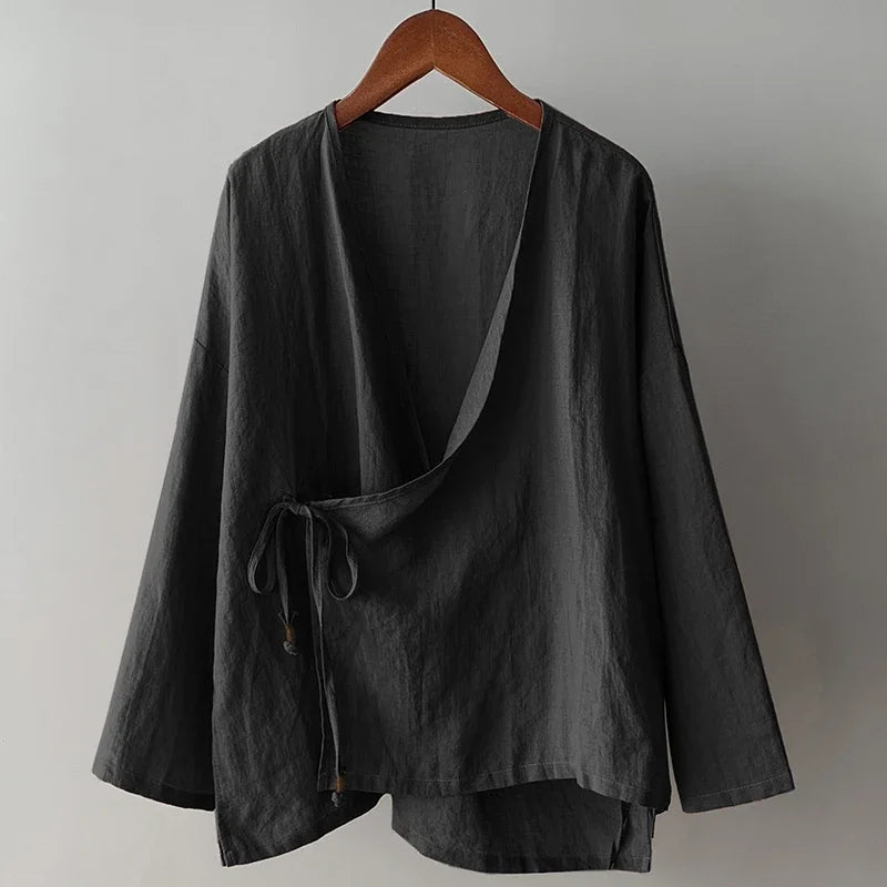 Women's Bohemian Cotton Linen Lace - Up Shirt | Hippie Long Sleeve Casual Blouse | Solid Colour V - Neck Top S–3XL