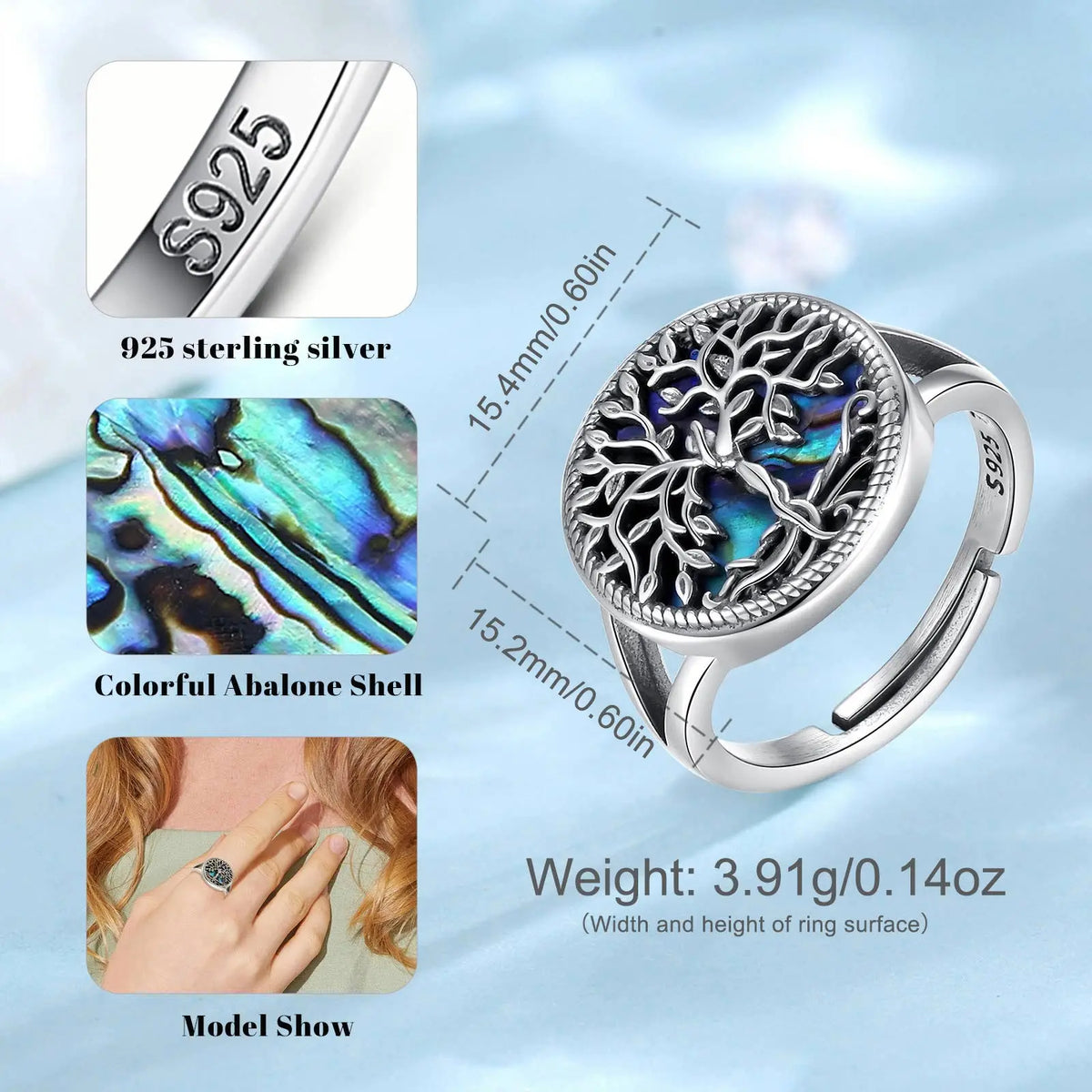 Tree Of Life Finger Ring With Abalone Shell Backing | 925 Silver
