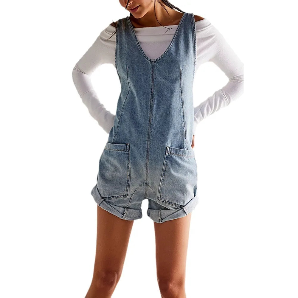 Bohemian Denim Jumpsuit | V-Neck Sleeveless Loose Fit Romper with Pockets | Black, Brown, Light Blue, Dark Blue | S–2XL