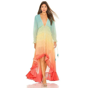 Women's Bohemian Rainbow Maxi Dress | Summer Gradient Patchwork Tiered Chiffon Dress | Elegant Hippie Party Outfit | S–L