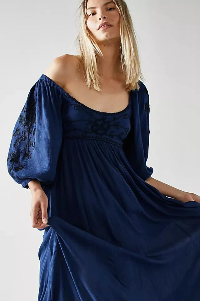 Bohemian Hippie Embroidered Midi Dress | Backless Cotton Blend Lantern Sleeve | Vintage Style | S–L | Blue, White, Purple