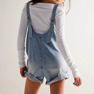 Bohemian Denim Jumpsuit | V-Neck Sleeveless Loose Fit Romper with Pockets | Black, Brown, Light Blue, Dark Blue | S–2XL