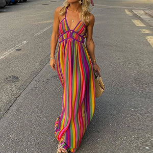 Bohemian Rainbow Stripe Maxi Dress | Women's Sleeveless V - Neck Beach Dress | Backless High Waist A - Line S–3XLdres