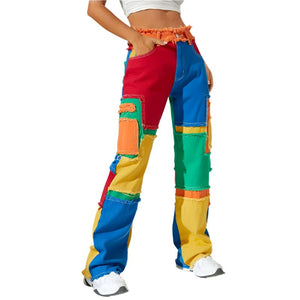Women's Multi Coloured Streetwear Jeans | Colorful Patchwork Pants | panS–2XL