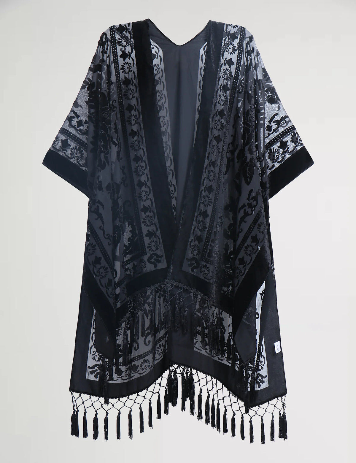 Bohemian Burnt Plush Velvet Kimono | Women's Long Floral Beach Cover - Up with Tassels | One Size | Various Colourstop