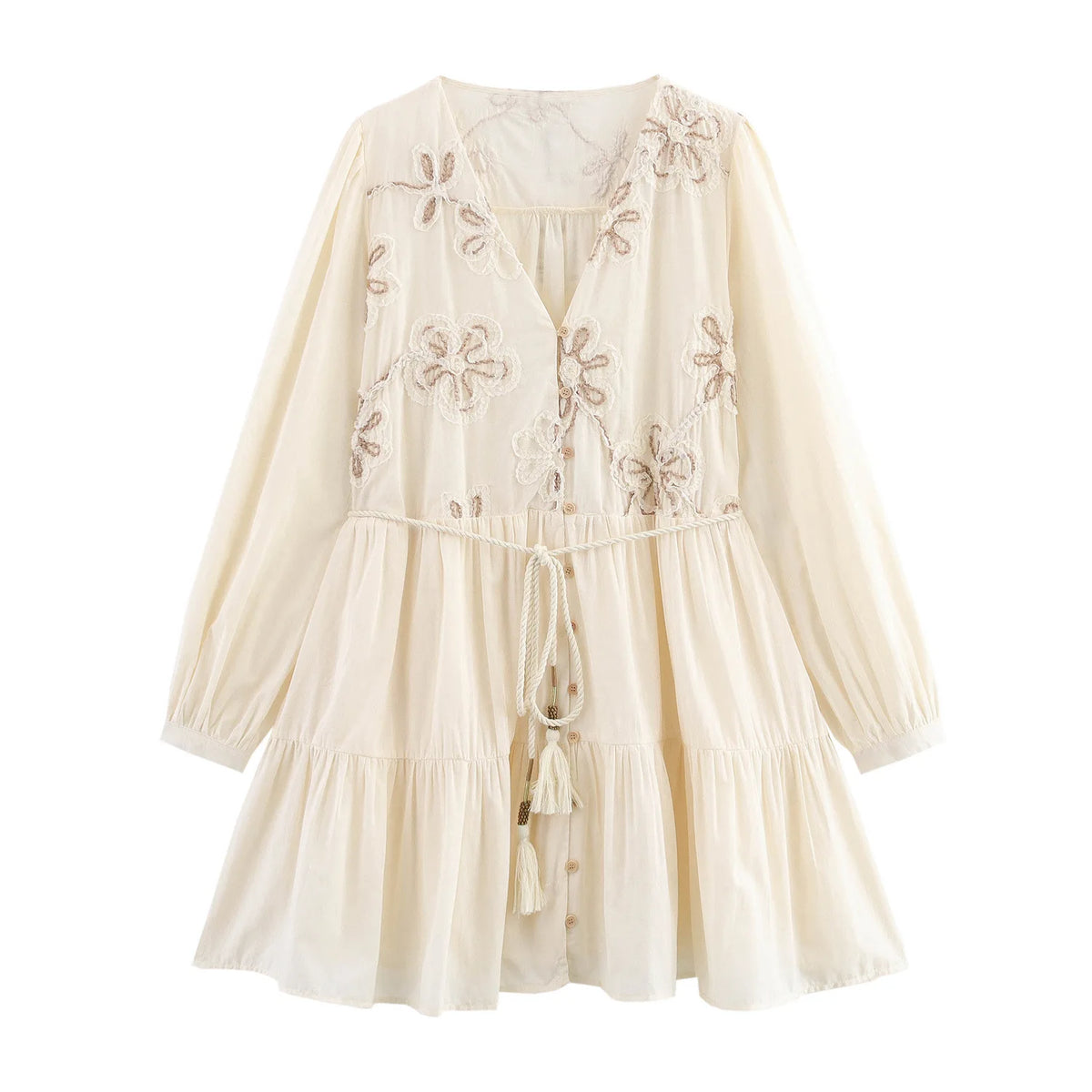 Women's Bohemian Embroidered Mini Dress | Vintage V - Neck Button Down A - Line Dress | Floral Lantern Sleeve | XS–L