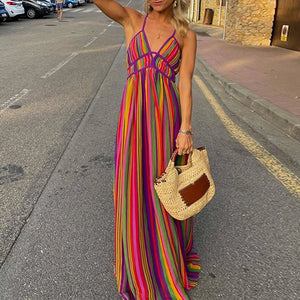 Bohemian Rainbow Stripe Maxi Dress | Women's Sleeveless V - Neck Beach Dress | Backless High Waist A - Line S–3XLdres