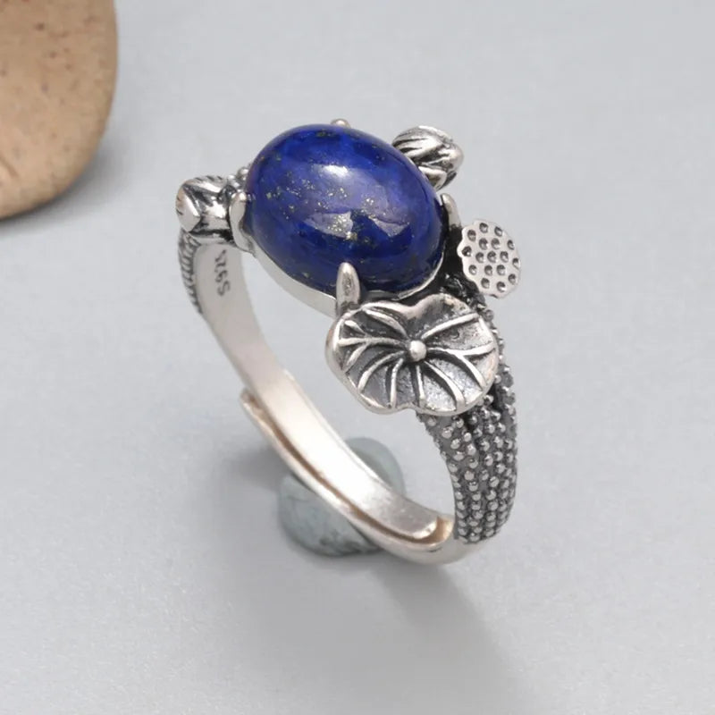 Silver Lotus Ring With Lapis Lazuli Stone | 925 Silver