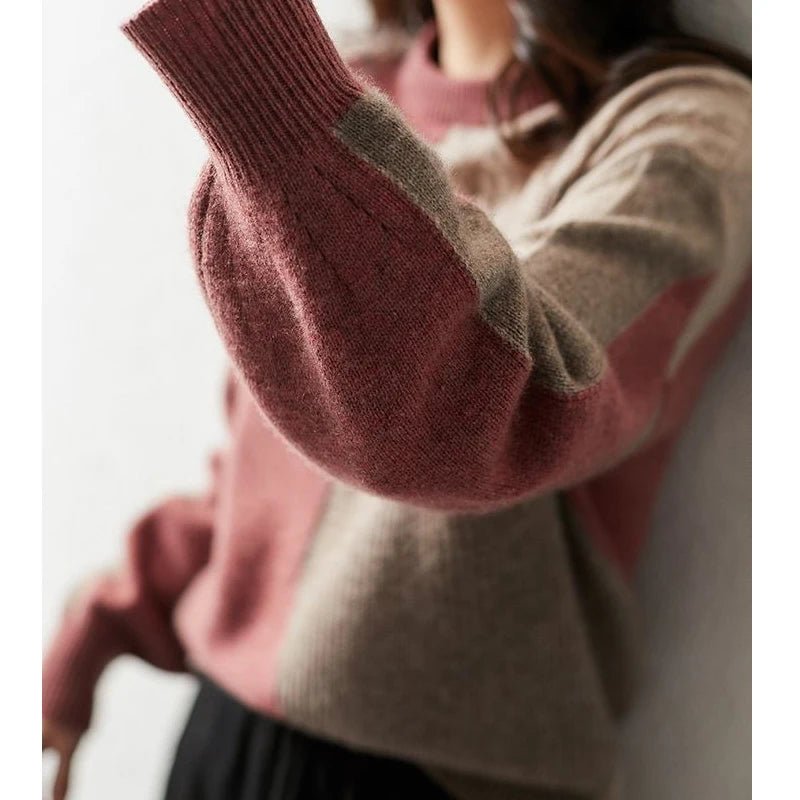 Bohemian Hippie Twist Color - Block Knitted Sweater | Women's Loose Fit Autumn Winter Pullover | Khaki or Red | S - 2XL