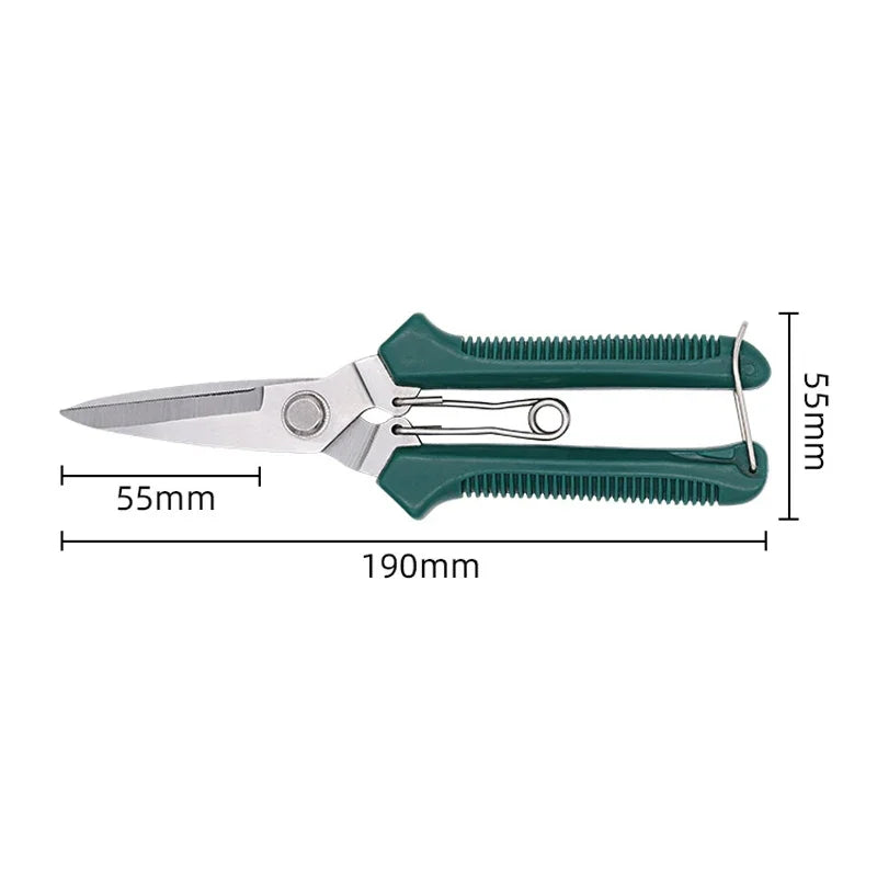 Small Green Straight Head Garden Pruning Shears / Snips | 190mm | Stainless Steel