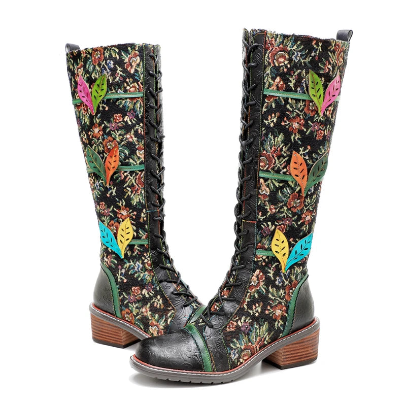Women's Sheepskin Leather Boots | Lace-Up Chunky Heel Ankle & Knee High Boots | Hippie Flower Bohemian Design | Plus Size | Sizes 36-42