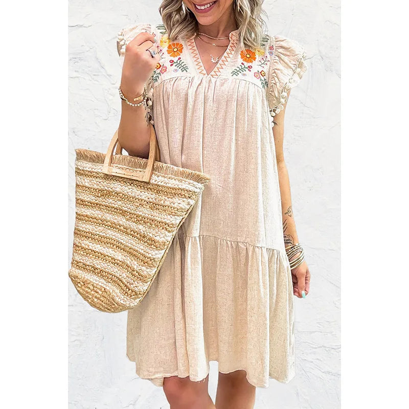 Bohemian Hippie Embroidered Cotton Midi Dress | V-Neck Petal Sleeve Ethnic Style | Loose Fit | S–XL