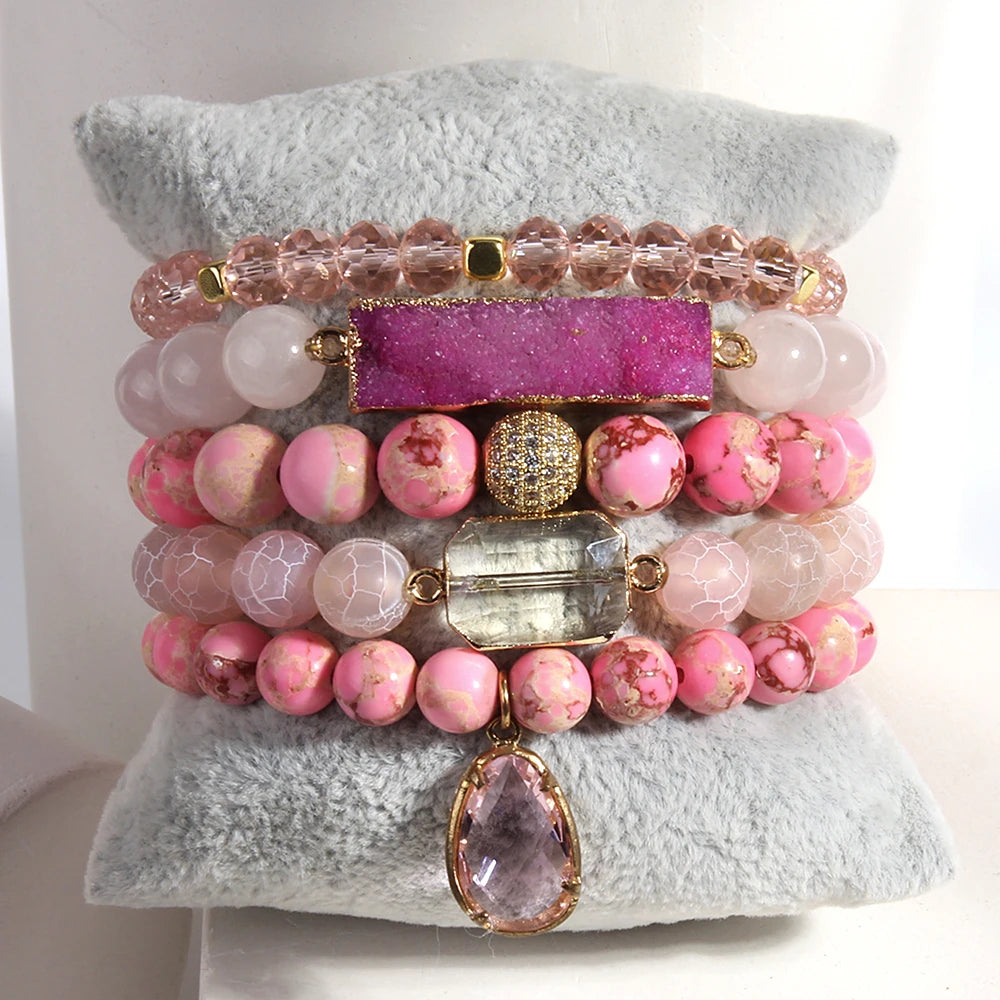 Wide Hippie Bracelet With Druzy Drop Charm | Handmade In Pink