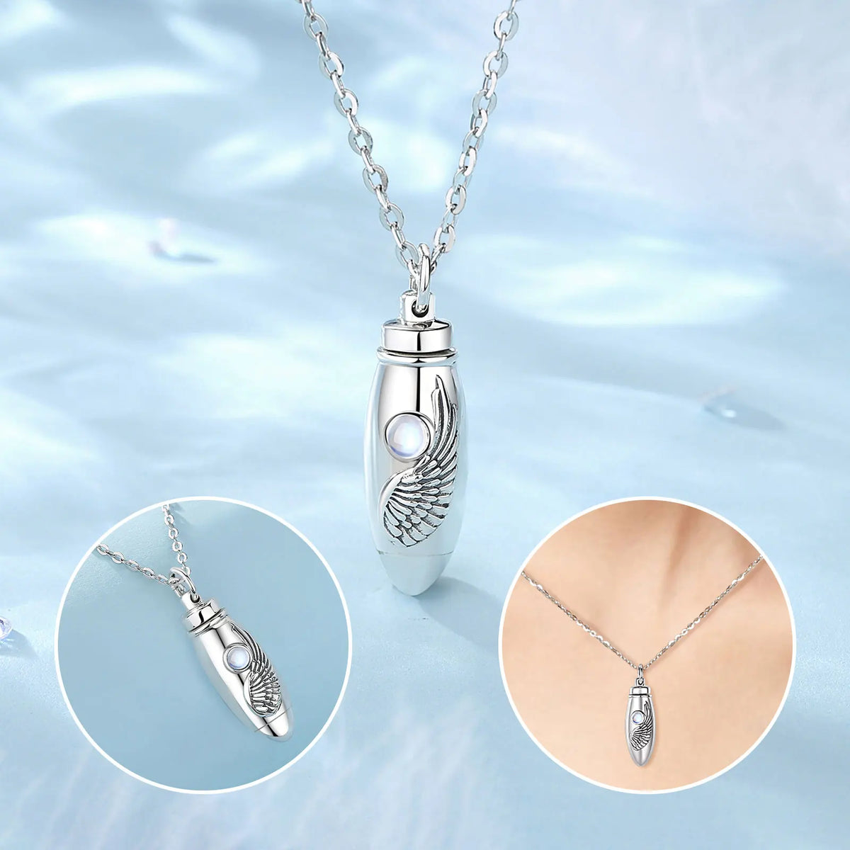 Moon Stone Angel Wing Cremation Necklace | Pendant Urn | 925 Silver