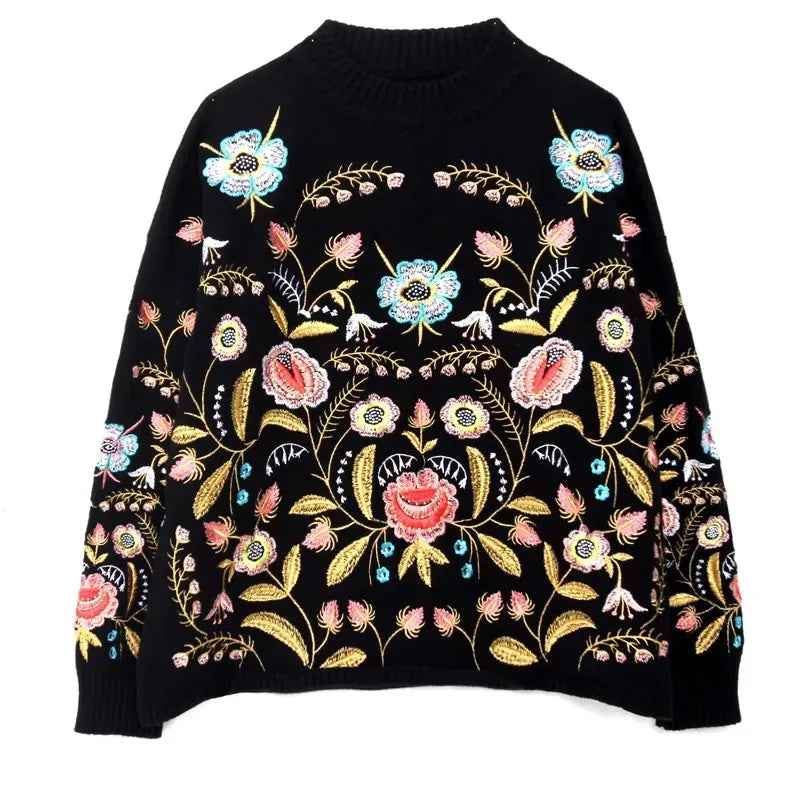 Boho Floral Embroidered Jumper | Autumn/Winter Vintage Loose Knit Sweater (One Size)