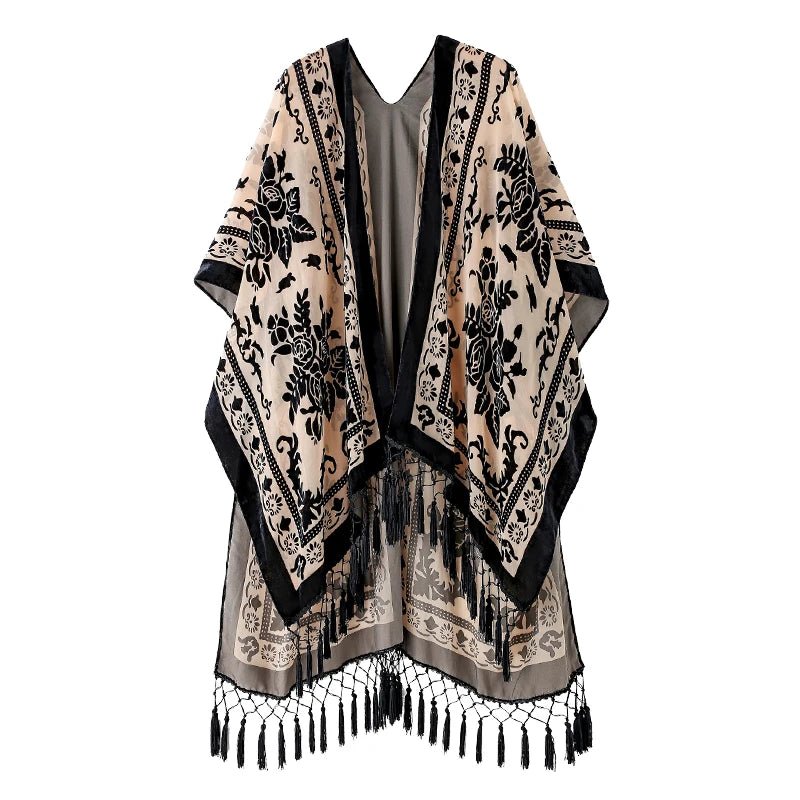 Bohemian Burnt Plush Velvet Kimono | Women's Long Floral Beach Cover - Up with Tassels | One Size | Various Colourstop