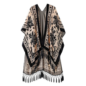 Bohemian Burnt Plush Velvet Kimono | Women's Long Floral Beach Cover - Up with Tassels | One Size | Various Colourstop