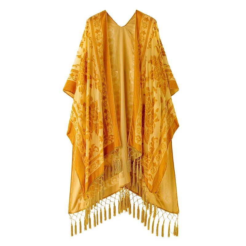 Bohemian Burnt Plush Velvet Kimono | Women's Long Floral Beach Cover - Up with Tassels | One Size | Various Colourstop
